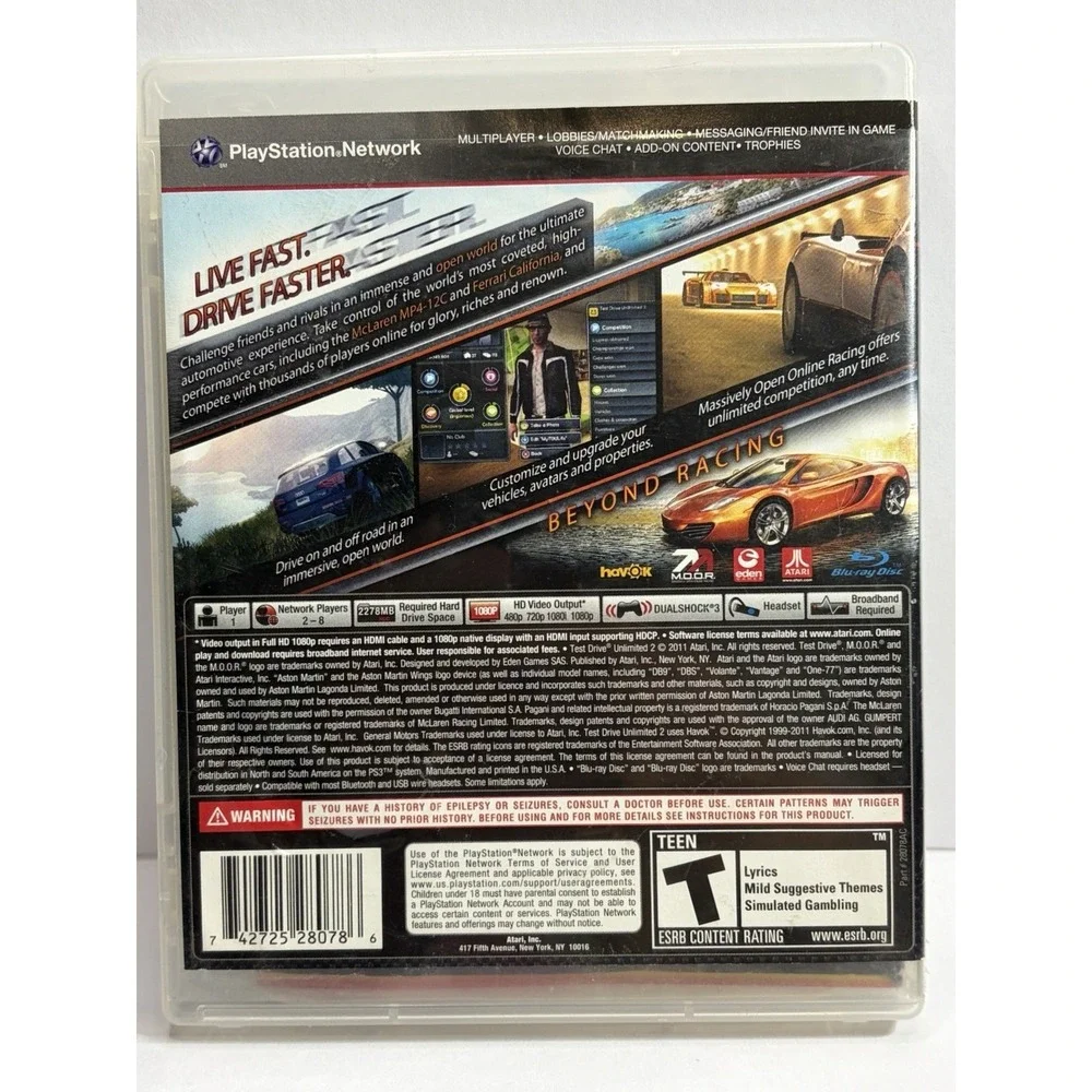 Test Drive Unlimited 2 PS3 Sony PlayStation 3 Racing Game Atari BLUS-30527 TDU2
